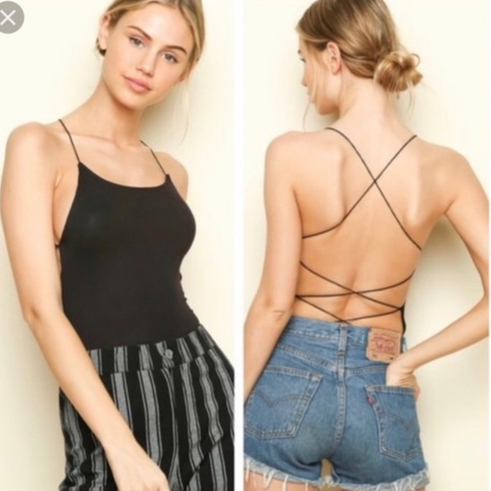Brandy Melville Rose Black Ribbed Strappy Bodysuit. One Size (XS).